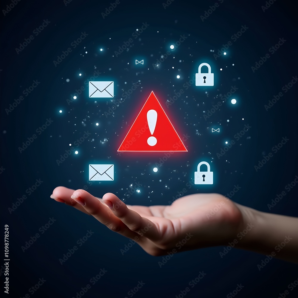 Poster Hand Holding a Red Triangle with Exclamation Mark Surrounded by Email Icons for Signifying Urgency in Digital Communication