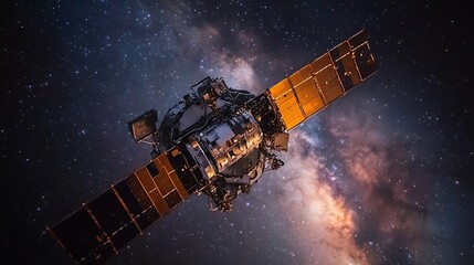 A close-up view of a satellite in space, showing detailed machinery and solar panels, with a dramatic view of the Milky Way stretching across the background.
