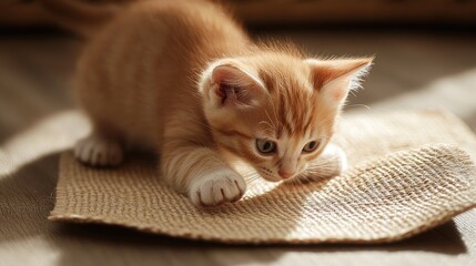 Playful orange kitten curiously interacting with a textured mat, showcasing its adorable features and bright, focused eyes in soft natural light.