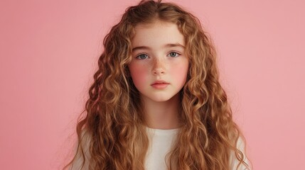 Young girl with long, wavy hair and a soft expression, posing against a pastel pink backdrop, radiating innocence and charm.