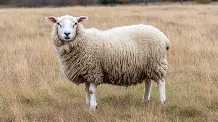 Obraz premium Wooly sheep standing gracefully in a lush, golden meadow with tall grass, showcasing its fluffy fleece against a serene natural backdrop.