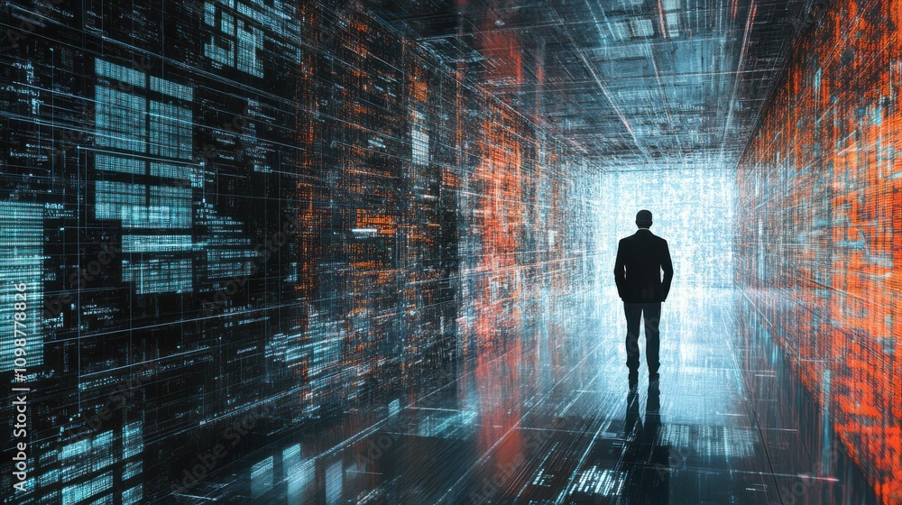 Poster the image represents the intersection of cybersecurity and big data in a technology backdrop.