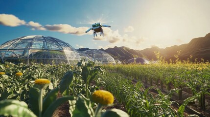 An imaginative 3D animation of a high-tech agroecology farm