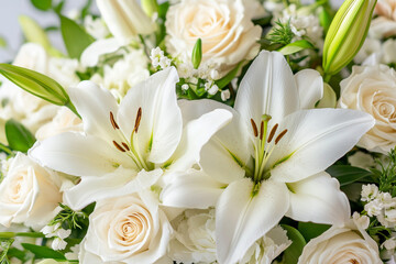 Fototapeta premium White lilies and roses in an elegant floral bouquet 
