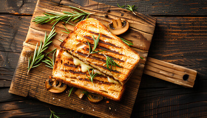 Fototapeta premium Toasted sandwich from traditional sourdough bread with cheese and brown mushrooms seasoned with rosemary herb on a wooden board, top view