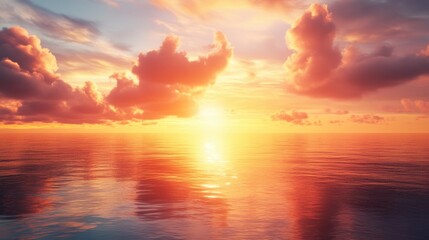 Fototapeta premium Tranquil sunset illuminating calm waters with vibrant clouds reflecting warm hues, creating a serene coastal view.