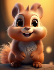 Fototapeta premium A smiling, fluffy, super long-haired, soft 3D cartoon squirrel with large brown eyes, perfect for playful and cute animal illustrations or fun design projects.