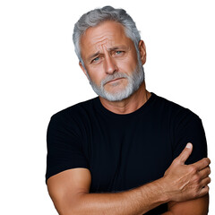 Fototapeta premium Thoughtful mature man with gray beard and serious expression on transparent background