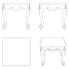 Coffee table for the living room hand-painted in different sizes and types, Elegant baroque and classical designs. Vector Illustration with Front, Side, and Top Views