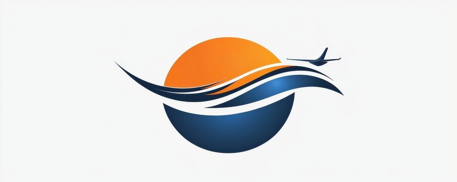 Travel company logo with airplane and sun design elements