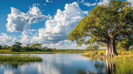 Fototapeta premium Majestic baobab trees reflect in a serene lake surrounded by lush greenery and vibrant tropical scenery under a bright blue sky with fluffy clouds.