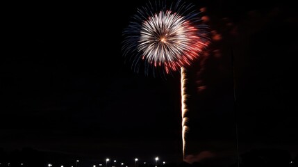 Festive banner featuring vibrant red, white, and blue fireworks illuminating a dark night sky, perfect for celebrating Independence Day.