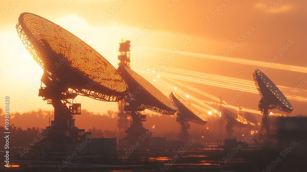 Poster sunset over futuristic communication array