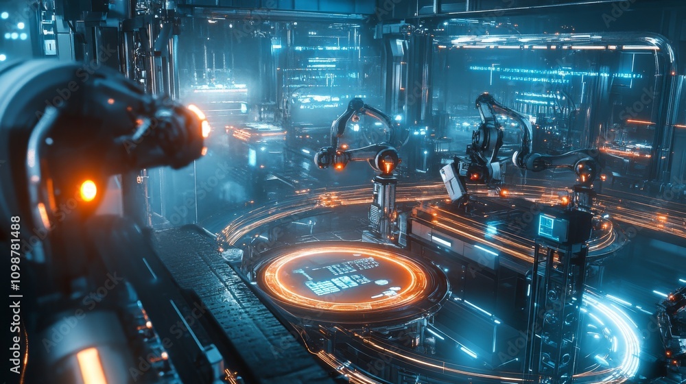 Poster futuristic factory with advanced robotic systems