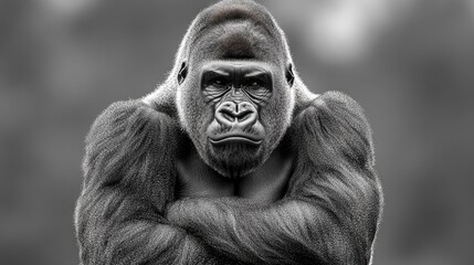 Close-up black and white portrait of a silverback gorilla displaying a fierce expression with crossed arms, highlighting its powerful physique and intense gaze.