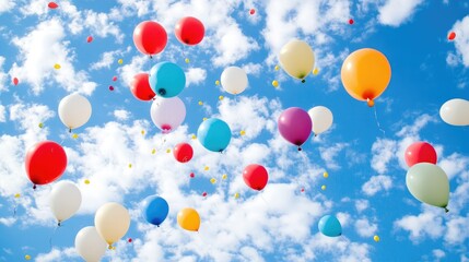 Fototapeta premium Colorful Balloons Floating in a Bright Blue Sky with Fluffy White Clouds Amidst a Cheerful Atmosphere of Celebration and Joy
