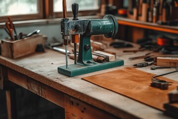 Leather workshop setup showcasing tools and equipment for crafting leather products in a cozy and functional environment