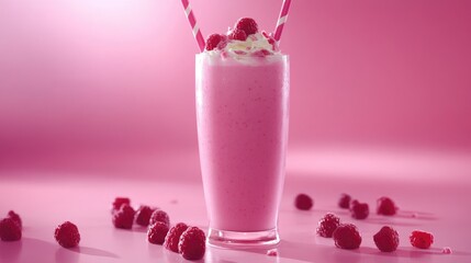 Berry smoothie in a tall glass topped with cream and raspberries, served with pink striped straws on a vibrant pink backdrop, ideal for a refreshing snack or breakfast.