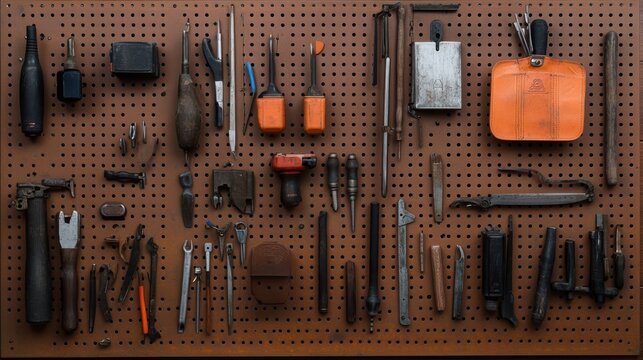 A colorful assortment of tools meticulously organized on a pegboard showcases craftsmanship and readiness, epitomizing an orderly and resourceful workspace.