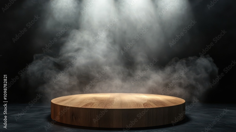 Poster the empty wooden cylinder shape of product display podium, stand for showing or design blank backdro