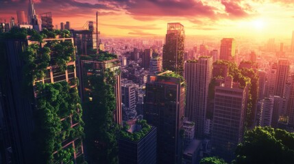 Fototapeta premium An imaginative 3D animation of a vertical forest cityscape, with skyscrapers covered in greenery and vertical gardens fostering biodiversity amidst urban density under a colorful sunset sky
