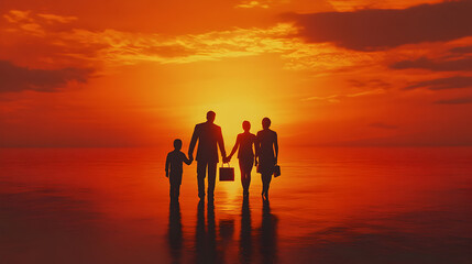 Fototapeta premium Family Silhouette at Sunset Ocean Background Hope Future Dreams