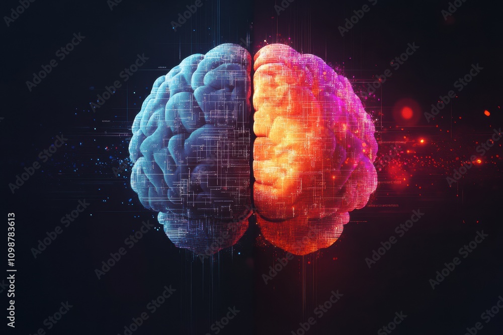 Aufkleber a visually striking representation of a brain, divided into two halves with contrasting colors, high