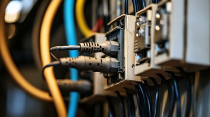 Obraz premium Industrial Networking Hardware: Close-up of electronic networking equipment and cables, representing the essential hardware for modern industrial communication
