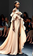 model walks confidently on the runway, displaying a flowing off-shoulder gown with dramatic ruffles and a high slit, while an audience admires the collection in a stylish setting