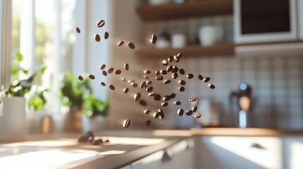 Obraz premium Fresh Coffee Beans Falling in Bright Kitchen Scene
