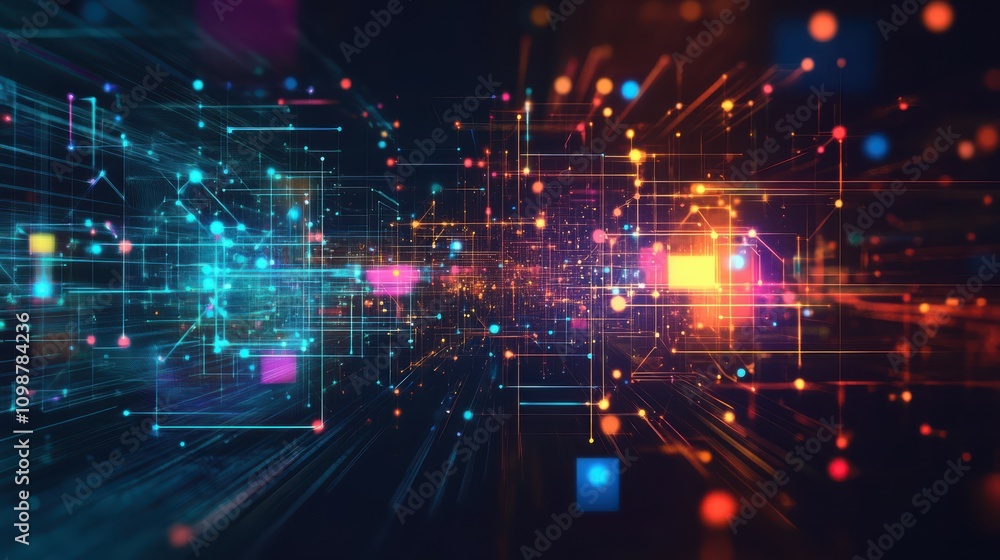 Poster generative ai abstract illustration of geometric shapes and structures in colorful neon colors and l