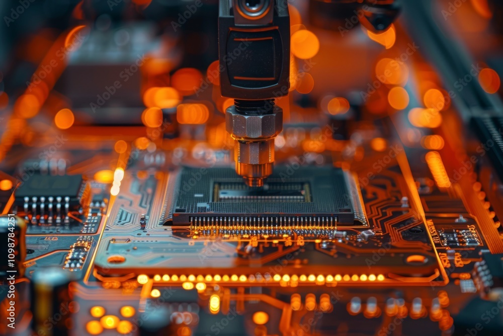 Poster a robotic arm is assembling a microchip on a circuit board with glowing orange lights. concept of te
