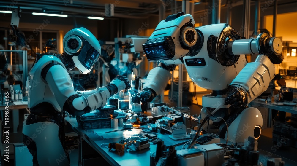 Poster futuristic robots working in a modern factory