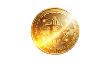Shiny golden coin featuring a symbol that represents a popular cryptocurrency against a white background