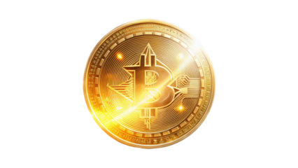 Shiny golden coin featuring a symbol that represents a popular cryptocurrency against a white background