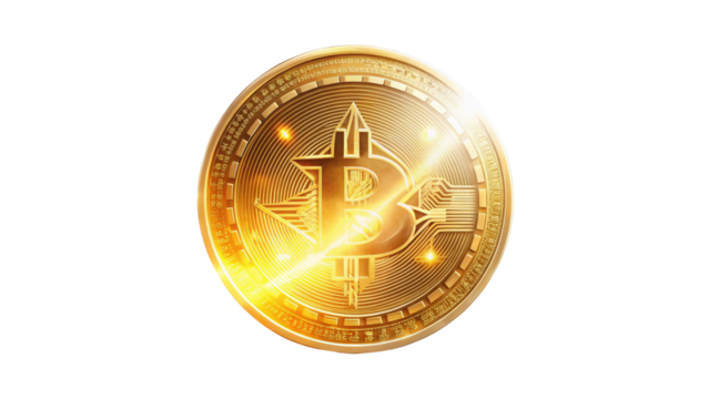 Shiny golden coin featuring a symbol that represents a popular cryptocurrency against a white background