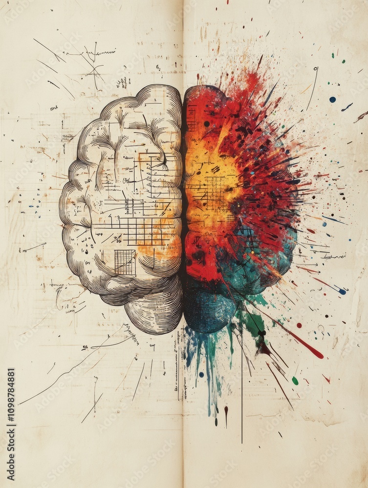 Poster a brain split in two: one side showcases technical drawings, while the other bursts with colorful pa