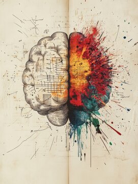 A brain split in two: one side showcases technical drawings, while the other bursts with colorful paint, representing diverse thinking. Generative AI