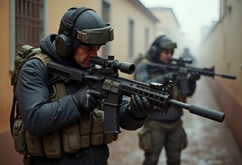 Fototapeta premium Military, men in bulletproof vests and uniforms with modern weapons in their hands, war