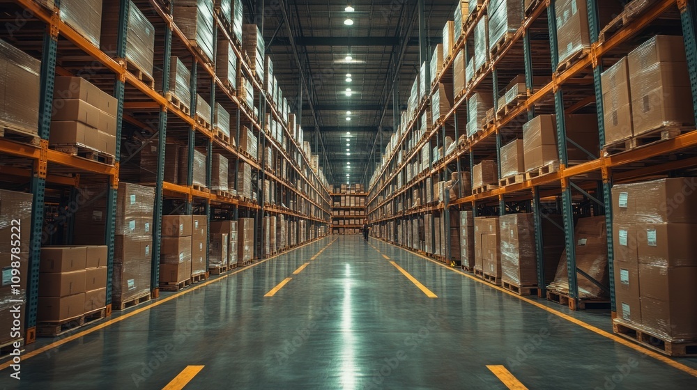 Poster rows of tall shelves filled with neatly stacked cardboard boxes create a uniform pathway in the ware