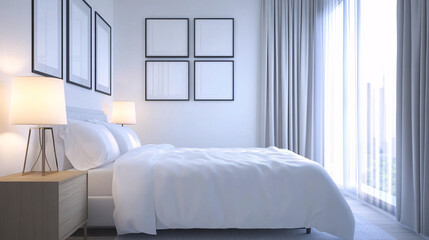 Luxury bedroom with comfortable bed, pillows and  stylish decor