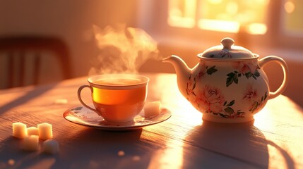 Steaming cup of tea on a floral saucer beside a decorative teapot with sugar cubes, illuminated by warm natural light for a cozy atmosphere.