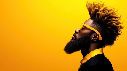 stylish man stands confidently in profile, wearing yellow sunglasses and a black suit. His bold hair contrasts with the bright yellow backdrop, reflecting a contemporary urban vibe