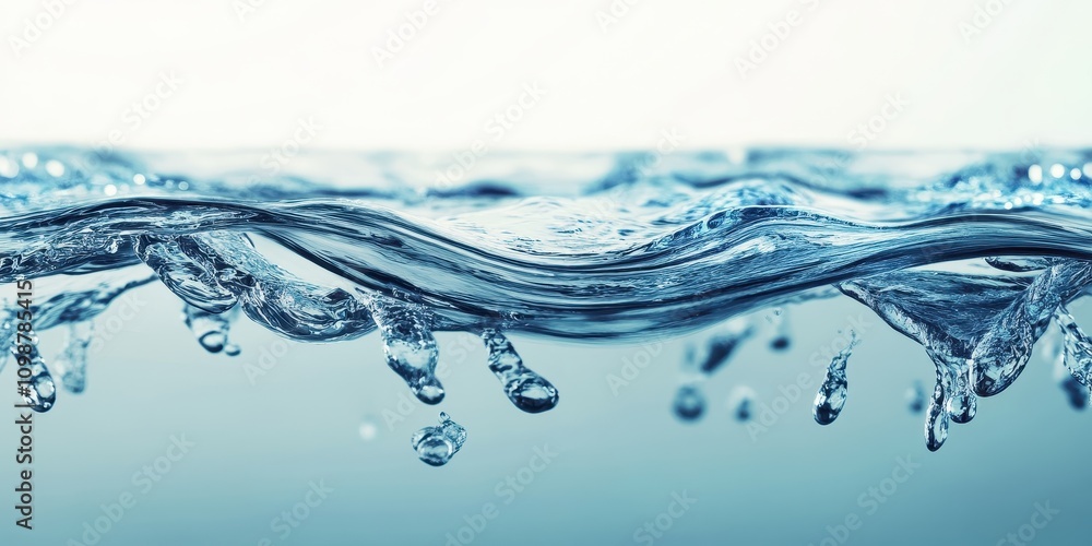 Poster a close-up view of water waves creating dynamic droplets in a serene atmosphere.
