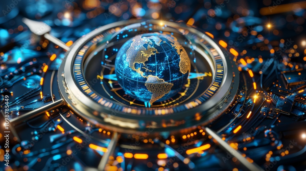 Poster a digital globe is centered on a futuristic circuit. concept of technology and connectivity. for sci