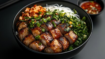 Fototapeta premium A bowl of food with meat and vegetables