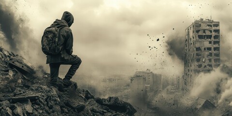 Fototapeta premium A lone figure surveys a desolate, post-apocalyptic urban landscape filled with debris.