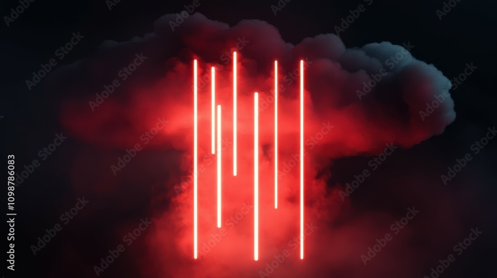 Poster glowing vertical neon lines inside the soft cloud illuminated with red light, isolated on black back