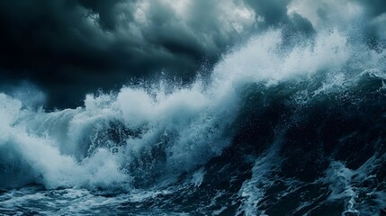 Dramatic ocean waves crashing under a stormy sky.