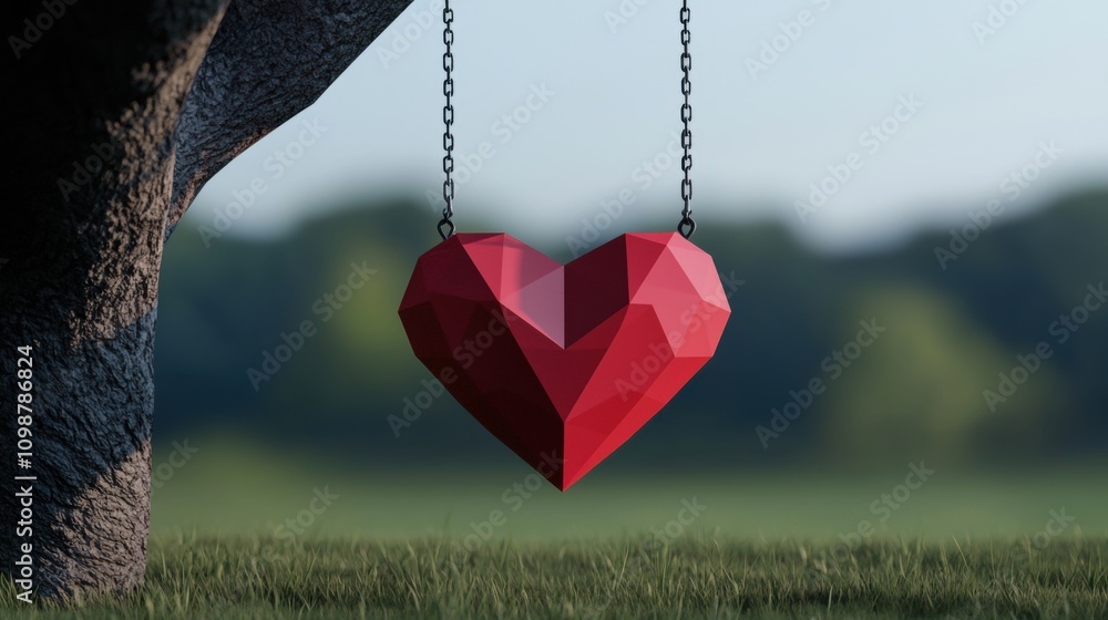 Poster a red heart is hanging from a chain on a tree branch